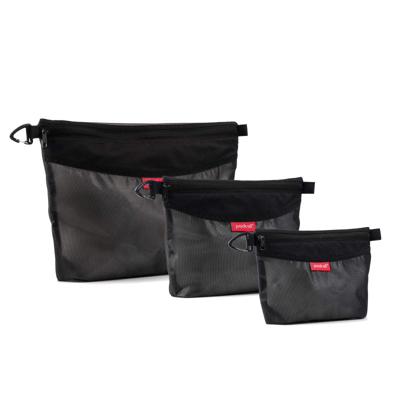 pack all 3 Pcs Water-resistant Material Zipper Pouch Set, Mesh Zipper Bags for Storage, Travel, Office (Black) - Image 1